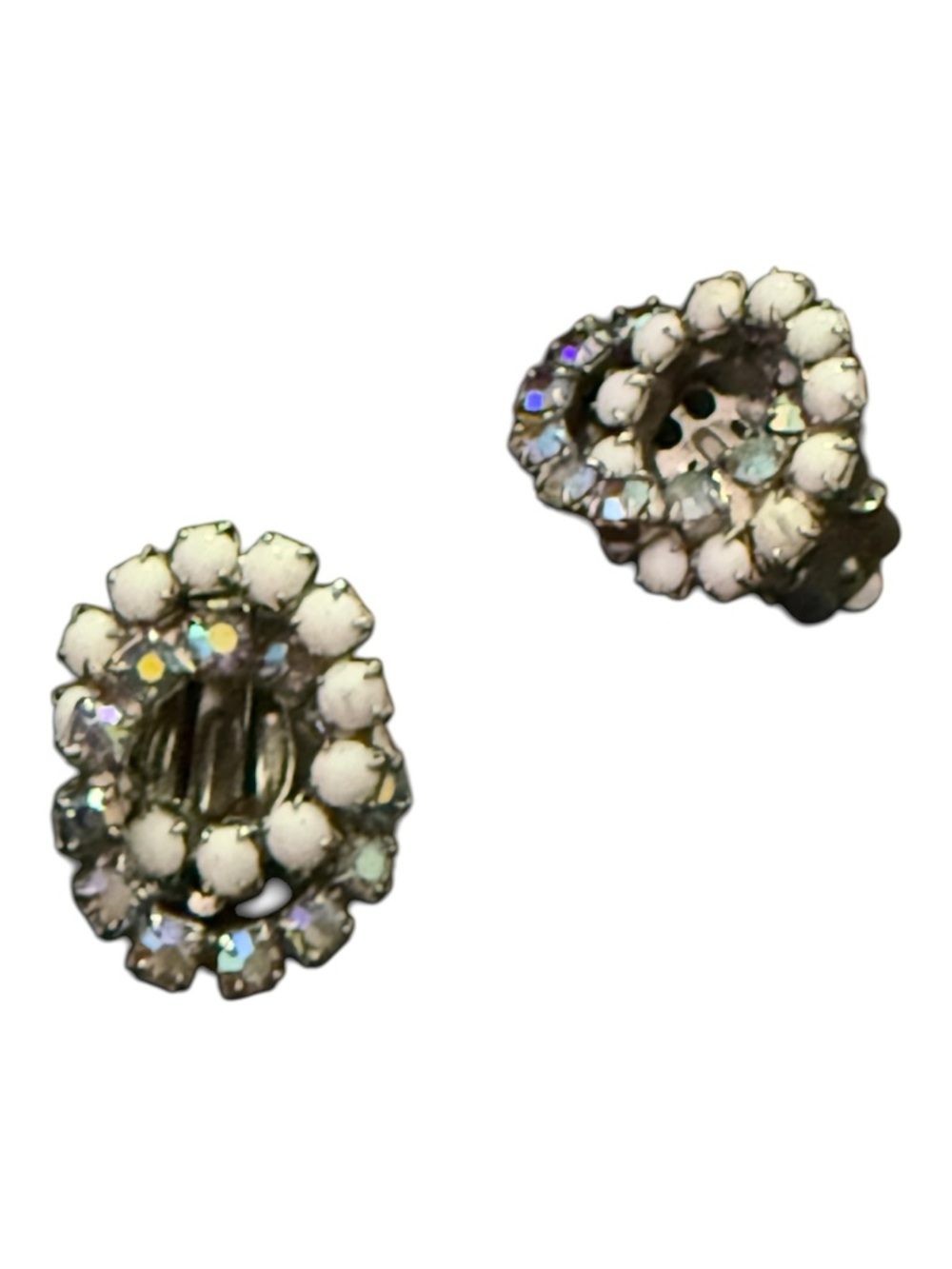 Vintage-Inspired White Crystal Clip-On Earrings